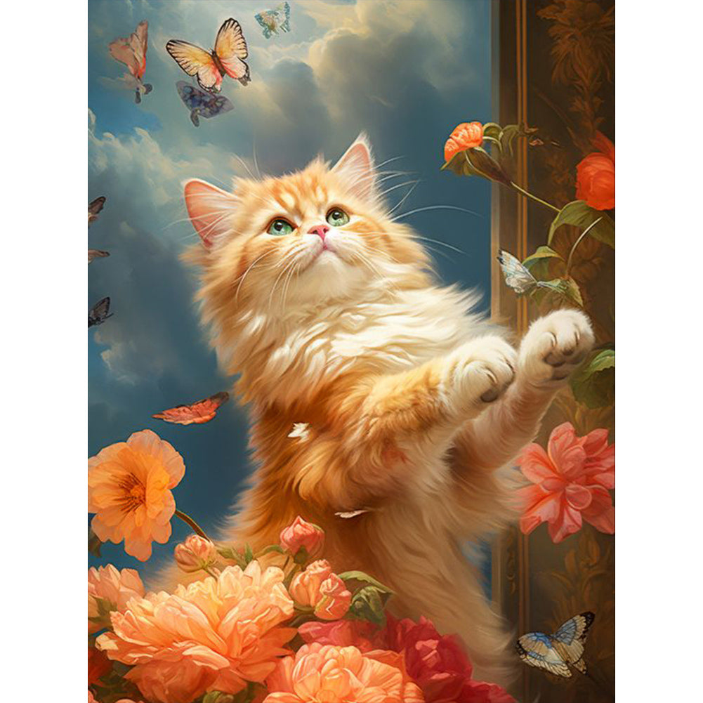 Cat Fluttering Butterfly - Full Round Drill Diamond Painting 30*40CM