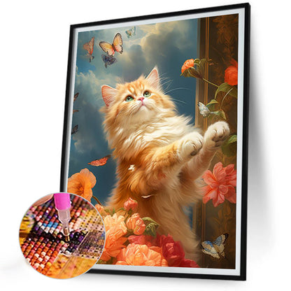 Cat Fluttering Butterfly - Full Round Drill Diamond Painting 30*40CM