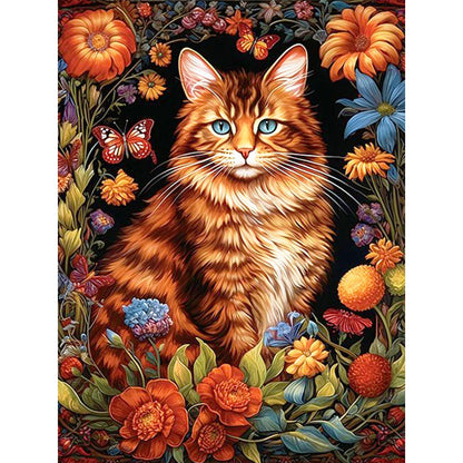 Cat Among Flowers - Full Round Drill Diamond Painting 30*40CM