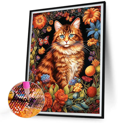 Cat Among Flowers - Full Round Drill Diamond Painting 30*40CM