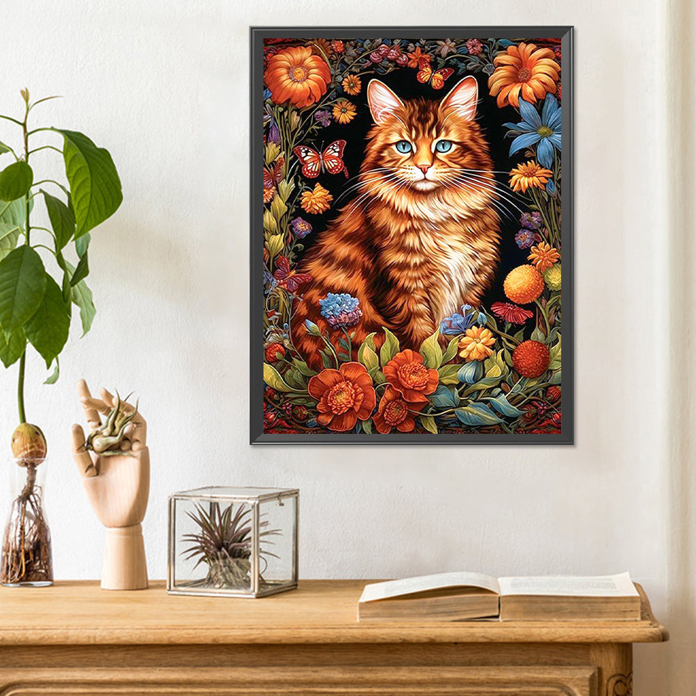 Cat Among Flowers - Full Round Drill Diamond Painting 30*40CM