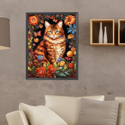 Cat Among Flowers - Full Round Drill Diamond Painting 30*40CM