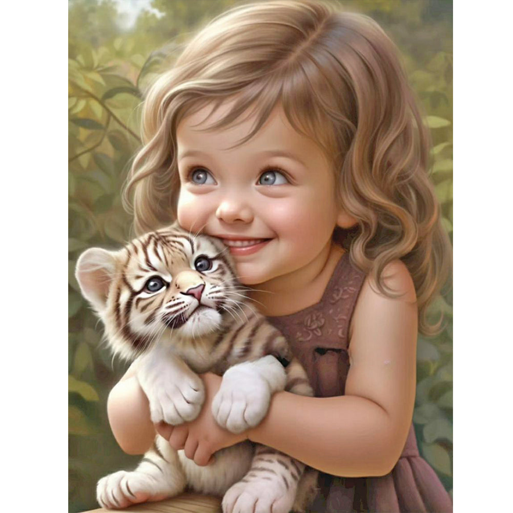 Little Girl Holding Tiger Cub - Full Round Drill Diamond Painting 30*40CM