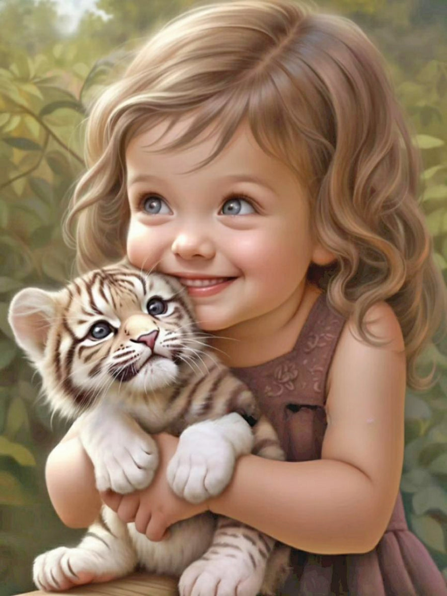 Little Girl Holding Tiger Cub - Full Round Drill Diamond Painting 30*40CM