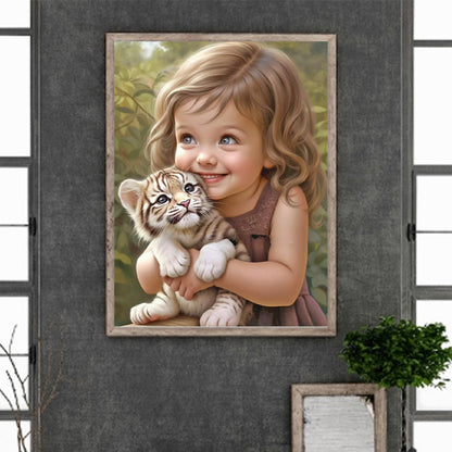 Little Girl Holding Tiger Cub - Full Round Drill Diamond Painting 30*40CM