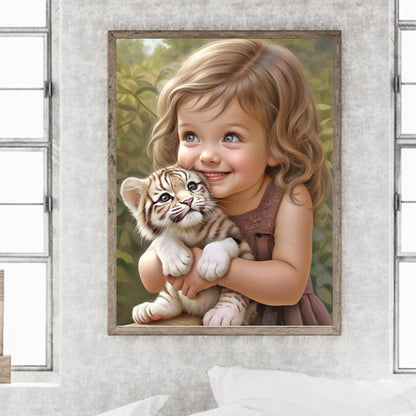 Little Girl Holding Tiger Cub - Full Round Drill Diamond Painting 30*40CM