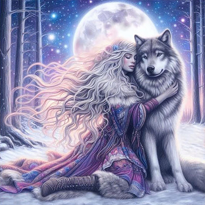 Wolf And Woman - Full Round Drill Diamond Painting 50*50CM