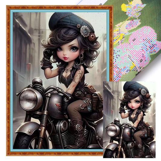 Girl With Big Eyes On Motorcycle - 11CT Stamped Cross Stitch 40*60CM