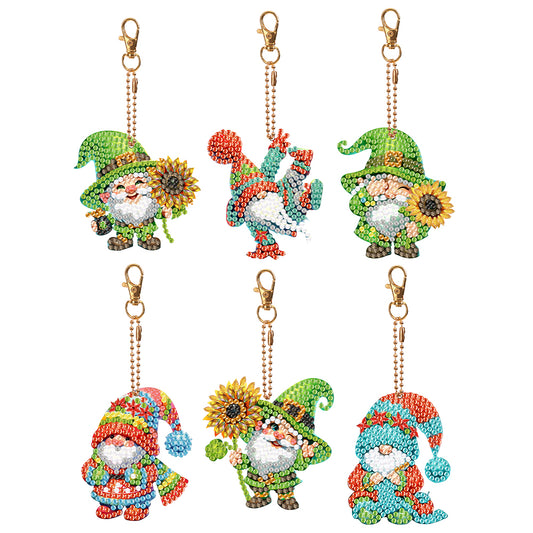 6 Pcs Double Sided Cute Gnome Special Shape Diamond Art Keyring for Office Decor
