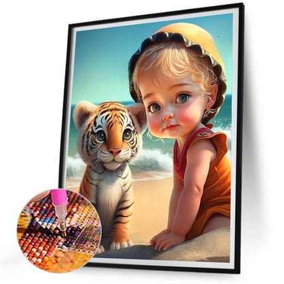 Girl And Little Lion At The Beach - Full Round Drill Diamond Painting 30*40CM