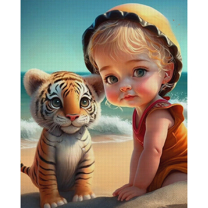 Girl And Cute Tiger - 11CT Stamped Cross Stitch 40*50CM