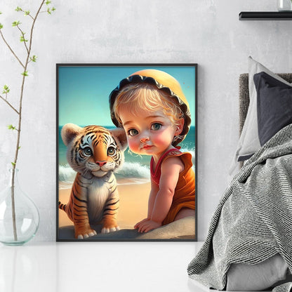 Girl And Cute Tiger - 11CT Stamped Cross Stitch 40*50CM