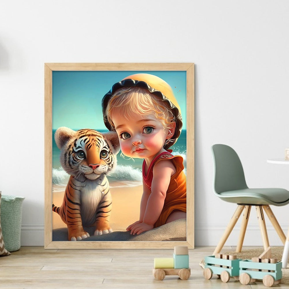 Girl And Cute Tiger - 11CT Stamped Cross Stitch 40*50CM