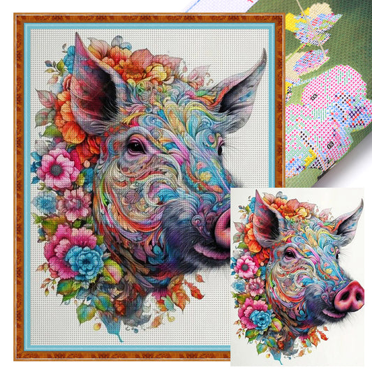 Flower Pig - 11CT Stamped Cross Stitch 45*60CM