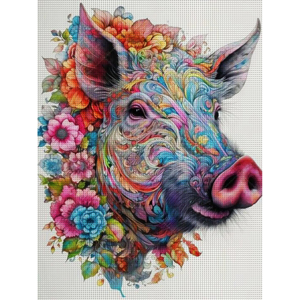 Flower Pig - 11CT Stamped Cross Stitch 45*60CM