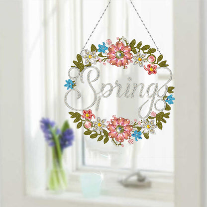 Acrylic Single-Sided Diamond Art Hanging Pendant for Home Decor (Spring Wreath)