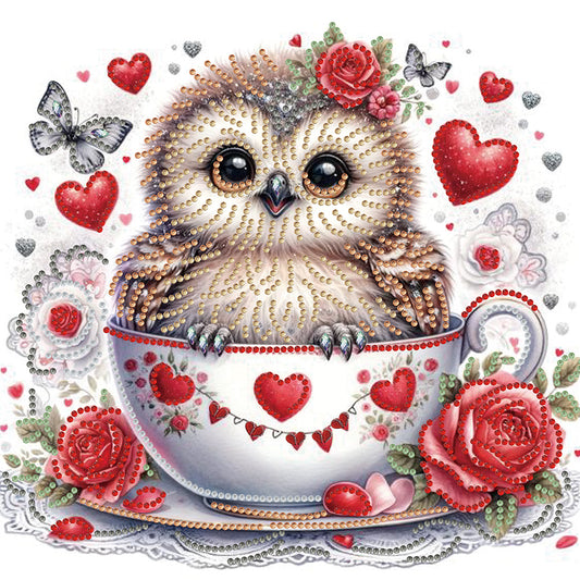 Heart And Little Owl In Coffee Cup - Special Shaped Drill Diamond Painting 30*30CM