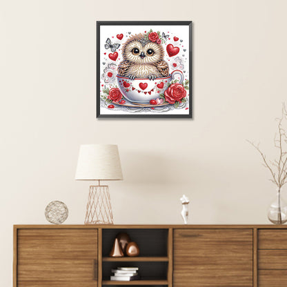 Heart And Little Owl In Coffee Cup - Special Shaped Drill Diamond Painting 30*30CM