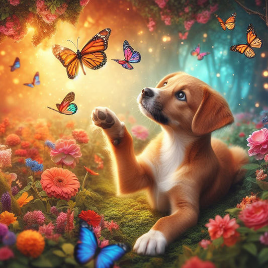 Dog And Butterfly - Full Round Drill Diamond Painting 30*30CM