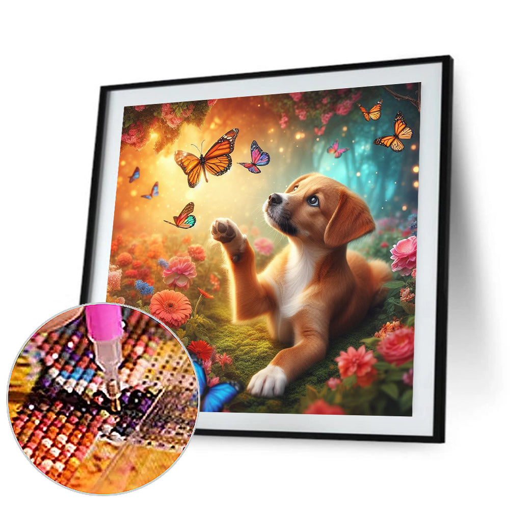 Dog And Butterfly - Full Round Drill Diamond Painting 30*30CM