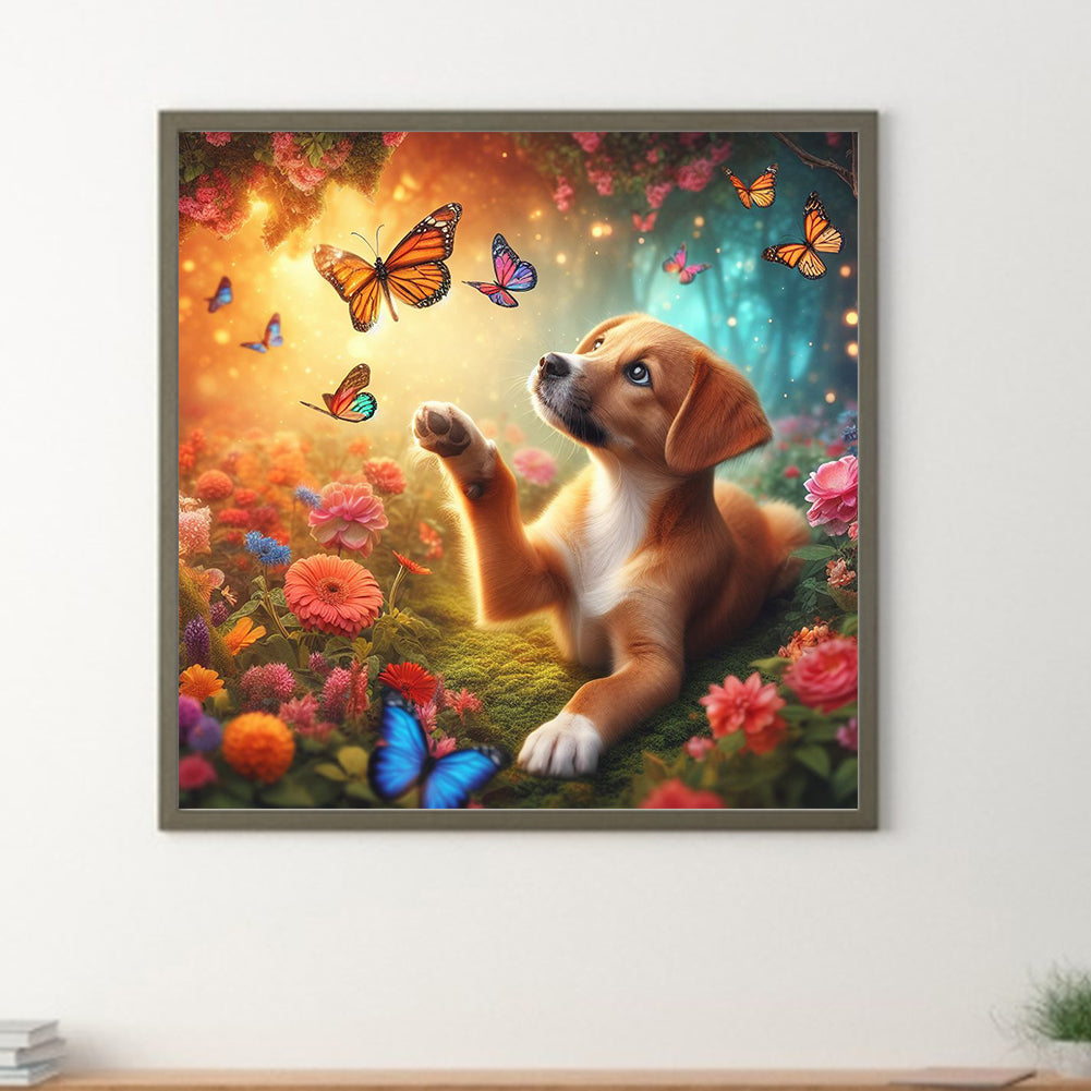 Dog And Butterfly - Full Round Drill Diamond Painting 30*30CM