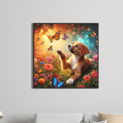 Dog And Butterfly - Full Round Drill Diamond Painting 30*30CM