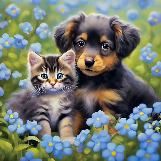 Cat And Dog In Flowers - Full Round Drill Diamond Painting 30*30CM