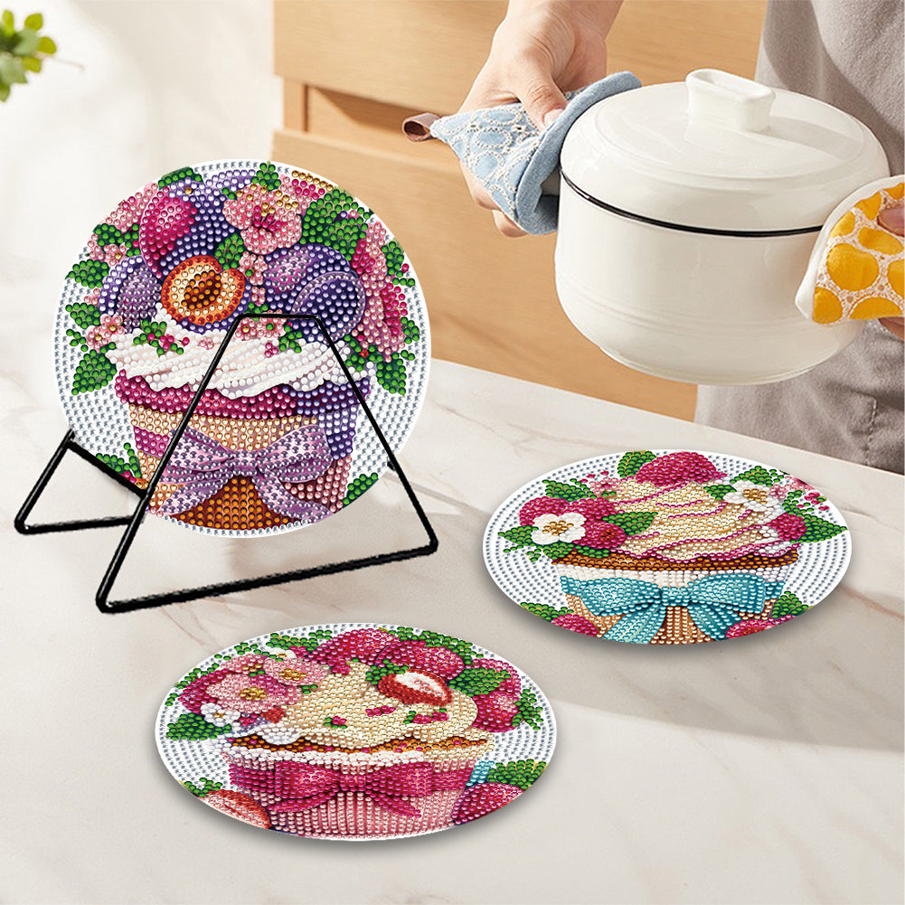 4 Pcs Diamond Painting Coasters Kit with Holder for Dining Tables (Cupcakes)