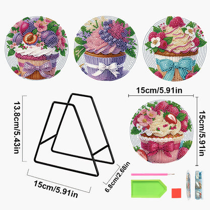 4 Pcs Diamond Painting Coasters Kit with Holder for Dining Tables (Cupcakes)