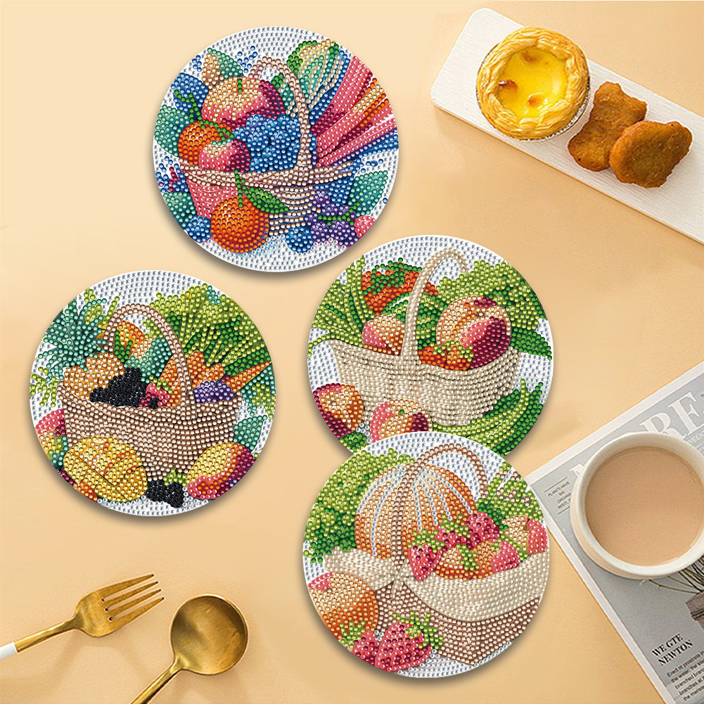 4 Pcs Diamond Painting Coasters Kit with Holder for Dining Tables Decor (Fruit)