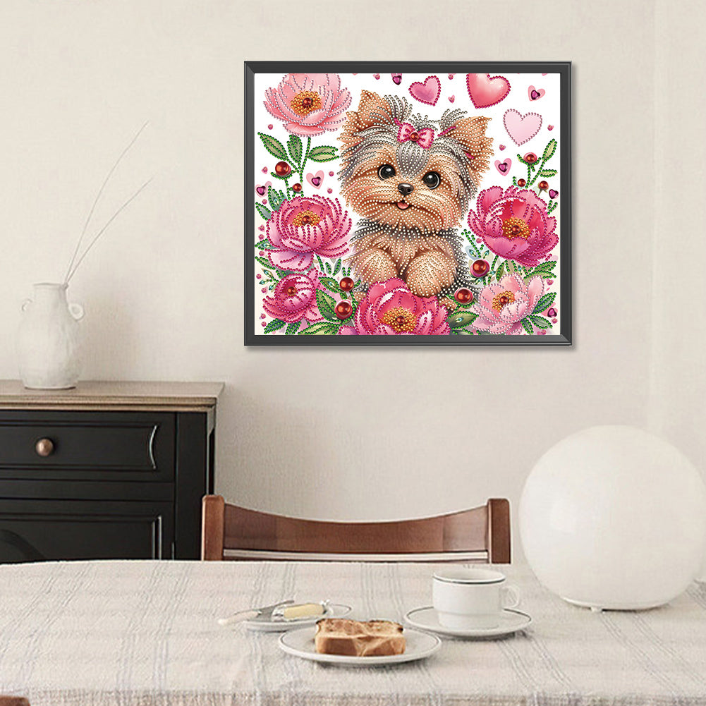 Flower Yorkshire Terrier - Special Shaped Drill Diamond Painting 35*30CM