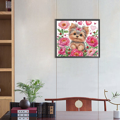 Flower Yorkshire Terrier - Special Shaped Drill Diamond Painting 35*30CM