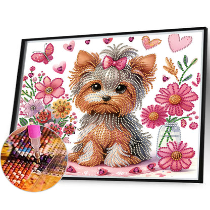 Flower Yorkshire Terrier - Special Shaped Drill Diamond Painting 35*30CM