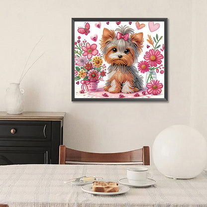 Flower Yorkshire Terrier - Special Shaped Drill Diamond Painting 35*30CM