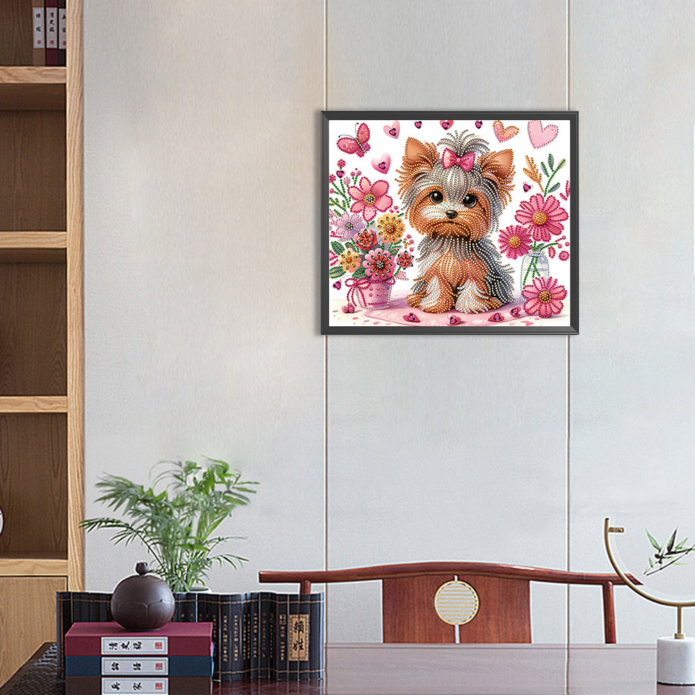 Flower Yorkshire Terrier - Special Shaped Drill Diamond Painting 35*30CM