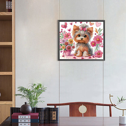 Flower Yorkshire Terrier - Special Shaped Drill Diamond Painting 35*30CM