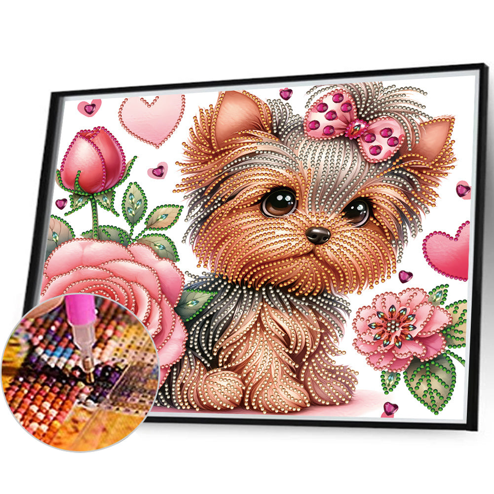 Flower Yorkshire Terrier - Special Shaped Drill Diamond Painting 35*30CM