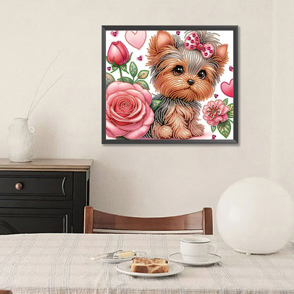 Flower Yorkshire Terrier - Special Shaped Drill Diamond Painting 35*30CM