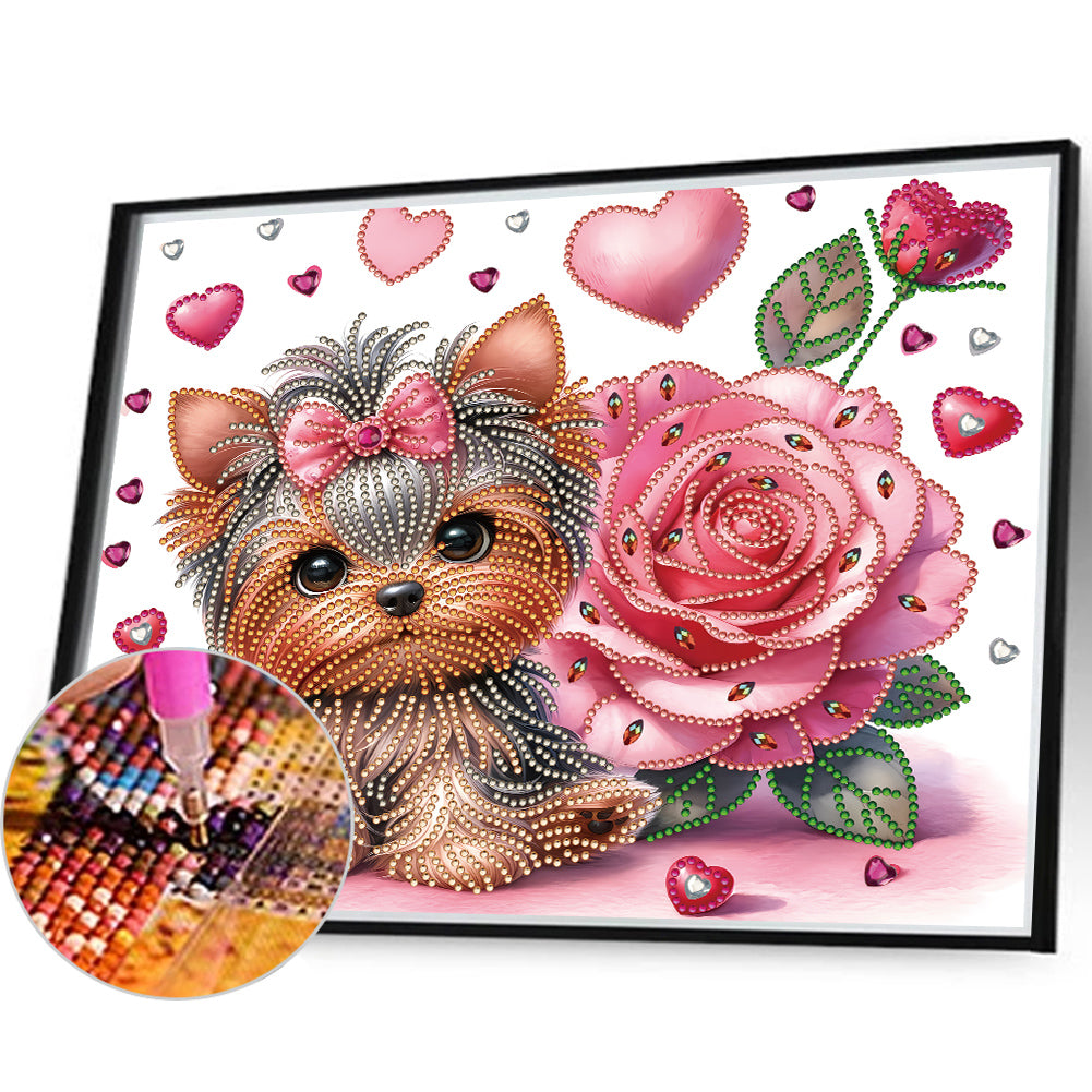 Flower Yorkshire Terrier - Special Shaped Drill Diamond Painting 35*30CM