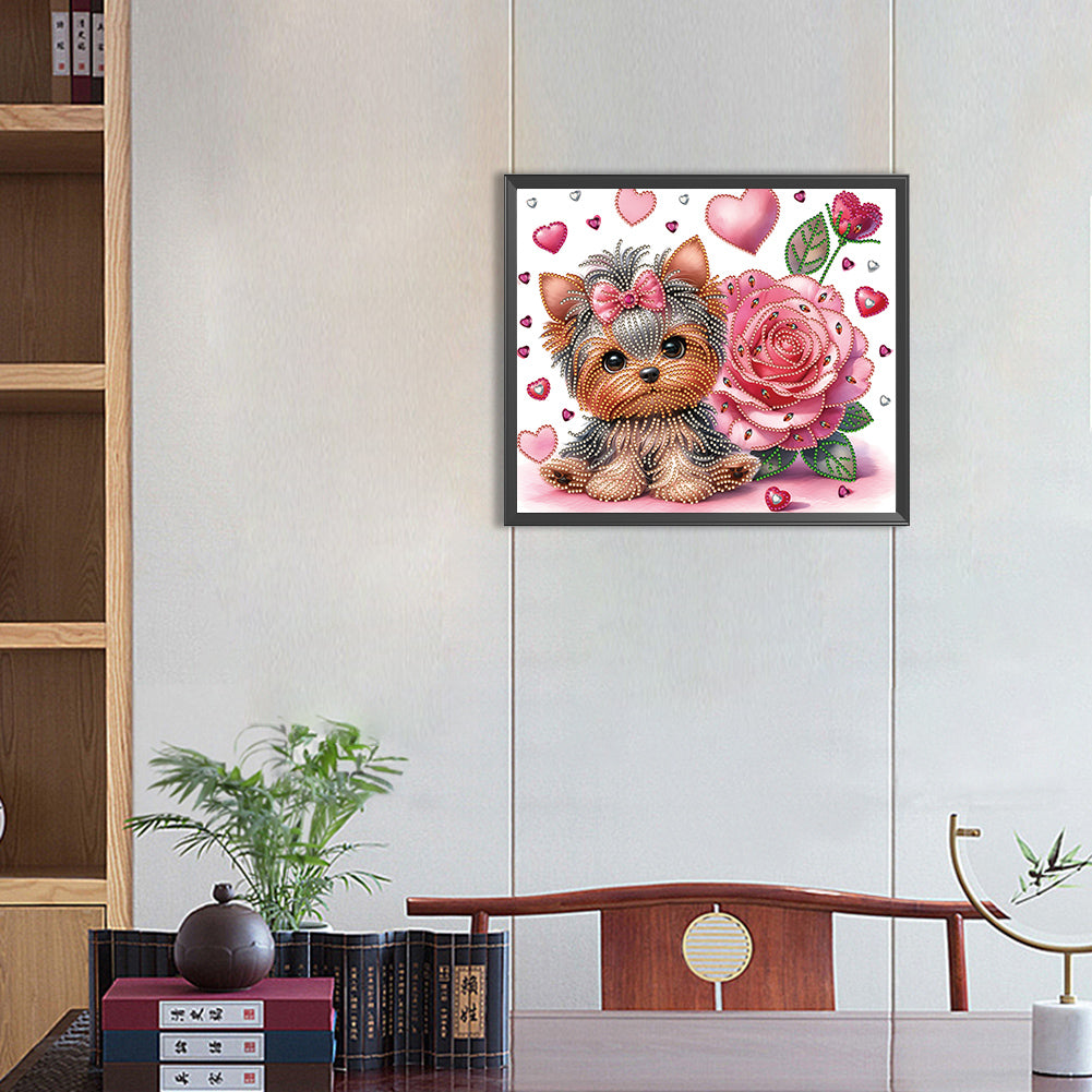 Flower Yorkshire Terrier - Special Shaped Drill Diamond Painting 35*30CM