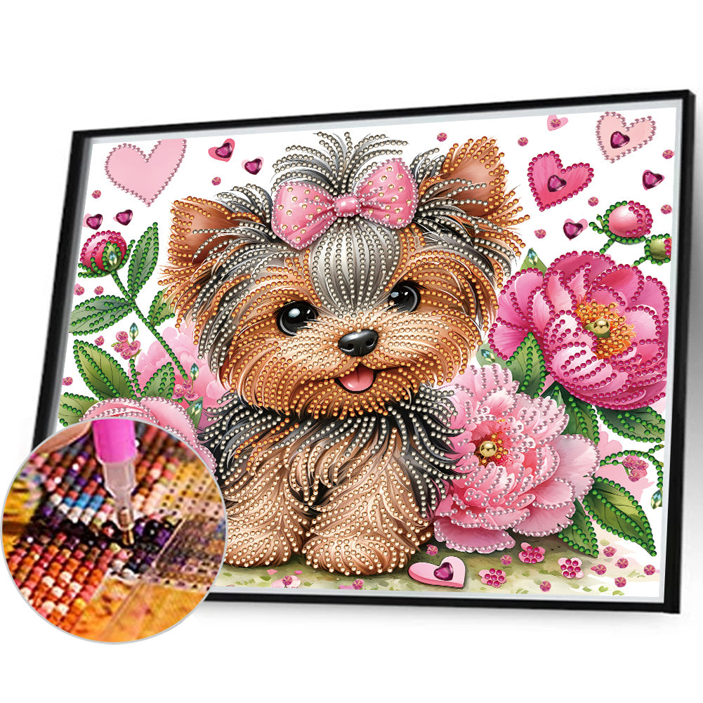 Flower Yorkshire Terrier - Special Shaped Drill Diamond Painting 35*30CM