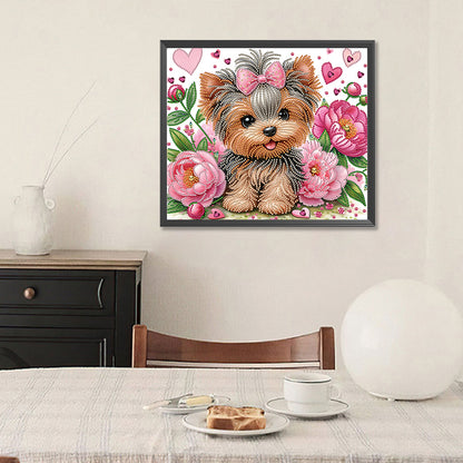 Flower Yorkshire Terrier - Special Shaped Drill Diamond Painting 35*30CM