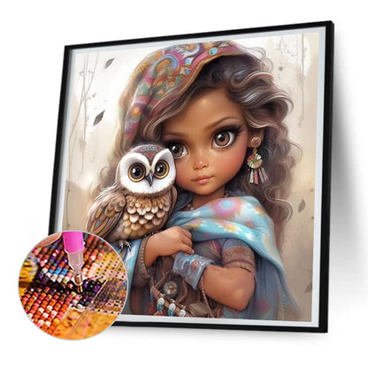 Owl Girl - Full Round Drill Diamond Painting 30*30CM