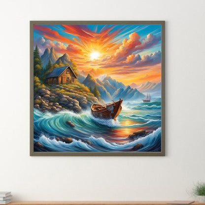 Rising Sun And Lonely Boat On The Sea - Full Round Drill Diamond Painting 30*30CM