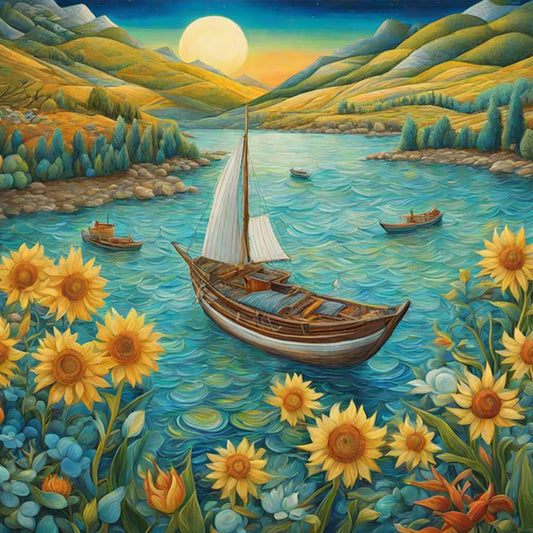 Sunflowers And Boats - Full Round Drill Diamond Painting 30*30CM