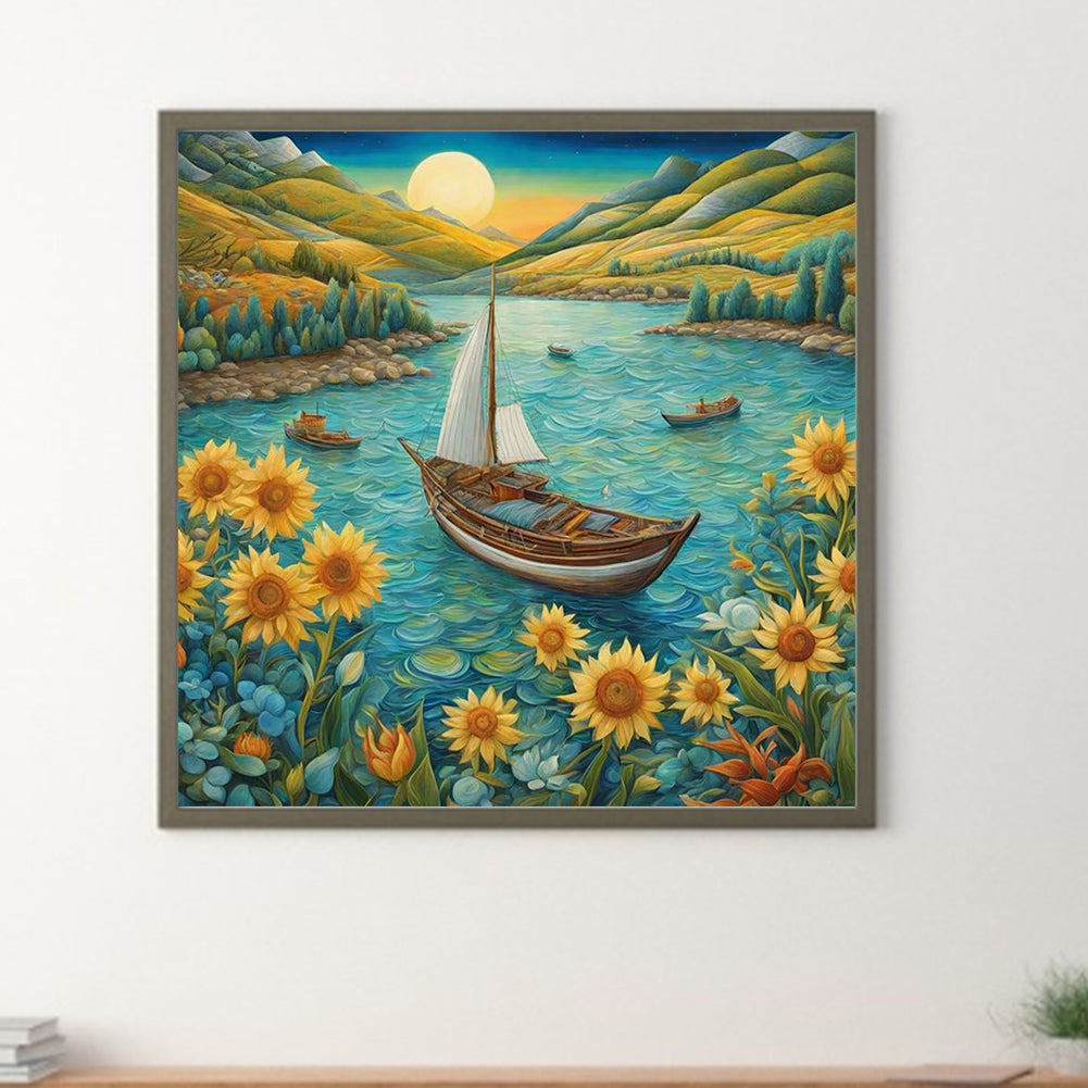 Sunflowers And Boats - Full Round Drill Diamond Painting 30*30CM