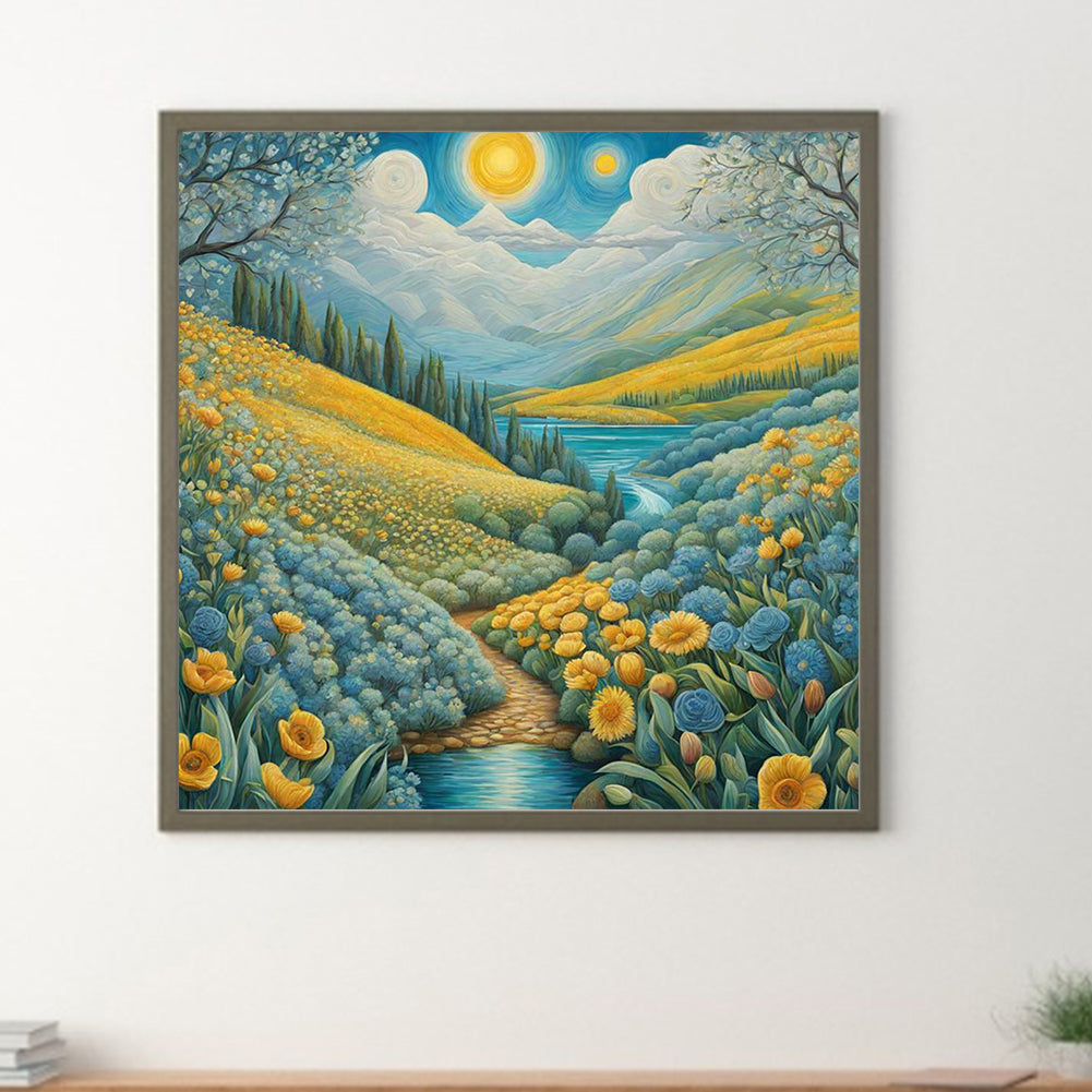 Path In Flower Field - Full Round Drill Diamond Painting 30*30CM