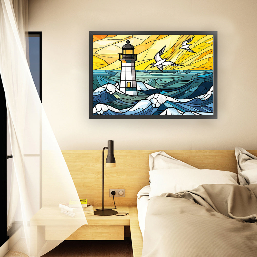 Glass Painting-Sea Lighthouse - 11CT Stamped Cross Stitch 60*40CM