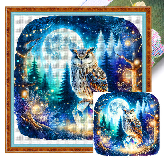 Owl On Gemstone Under Moonlit Night - 11CT Stamped Cross Stitch 40*40CM