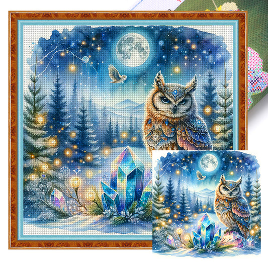 Owl On Gemstone Under Moonlit Night - 11CT Stamped Cross Stitch 40*40CM